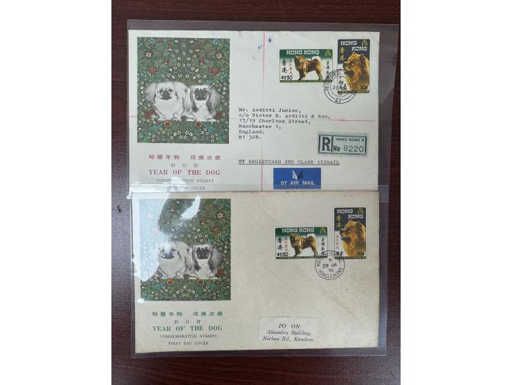 one sent locally, the other airmail registered to England. Toned.