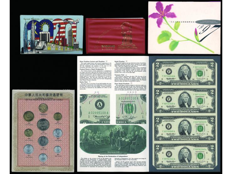 including Hong Kong 1997 commemorative set, Singapore coins &amp; stamps set, Malaysia coins &amp; stamps set, PRC circulate 