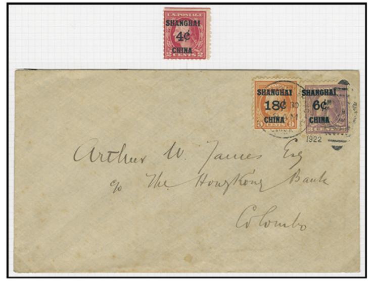 f.w. U.S. Shanghai surch. 18c on 9c &amp; 6c on 3c stamps, canceled by Shanghai U.S. Postal Agency marking. Plus a 4c on 2c s