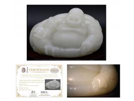Name of the Artwork:&nbsp;Laughing Buddha StatueMaterial:&nbsp;Hetian JadeDimensions:&nbsp;Approximately 5.3cm (H) × 9.3cm (L